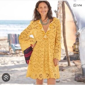 Sundance Yellow Yuki Eyelet Mini Dress XS Embroidered Detail Missing Lining Slip